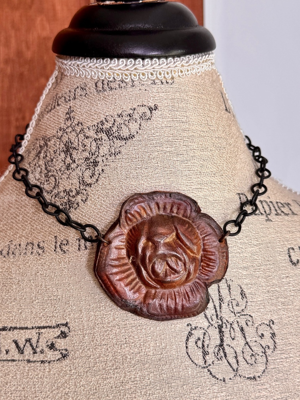 Hand Crafted Tan Floral Leather Pendant Necklace